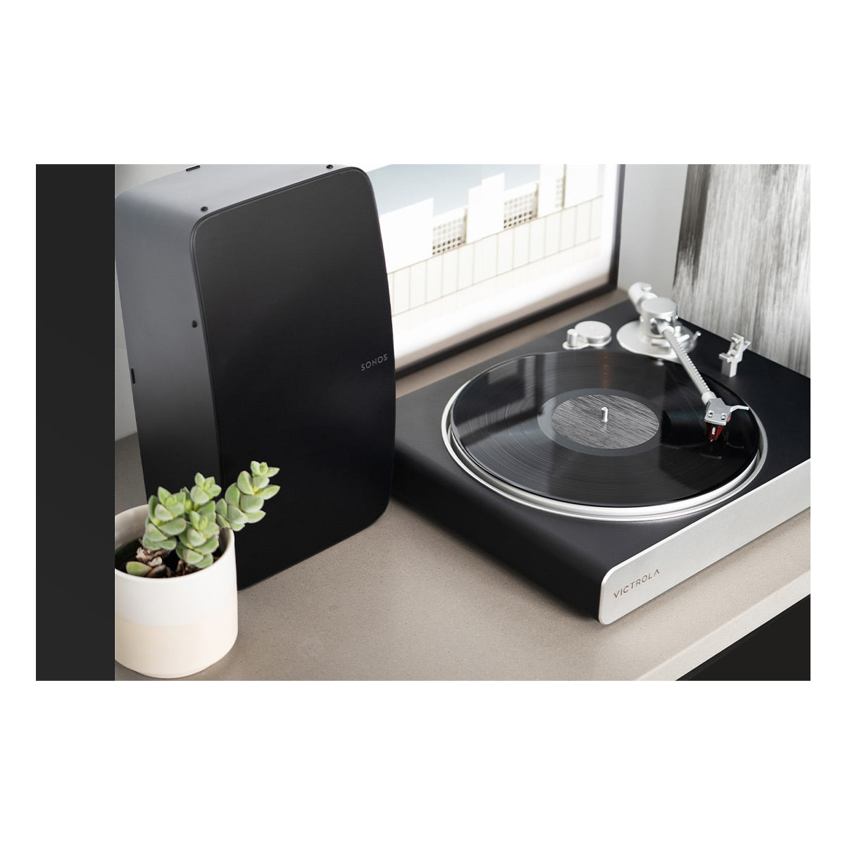 Stream Carbon Turntable with Pair of Sonos Five Wireless Speaker for Streaming Music (White)