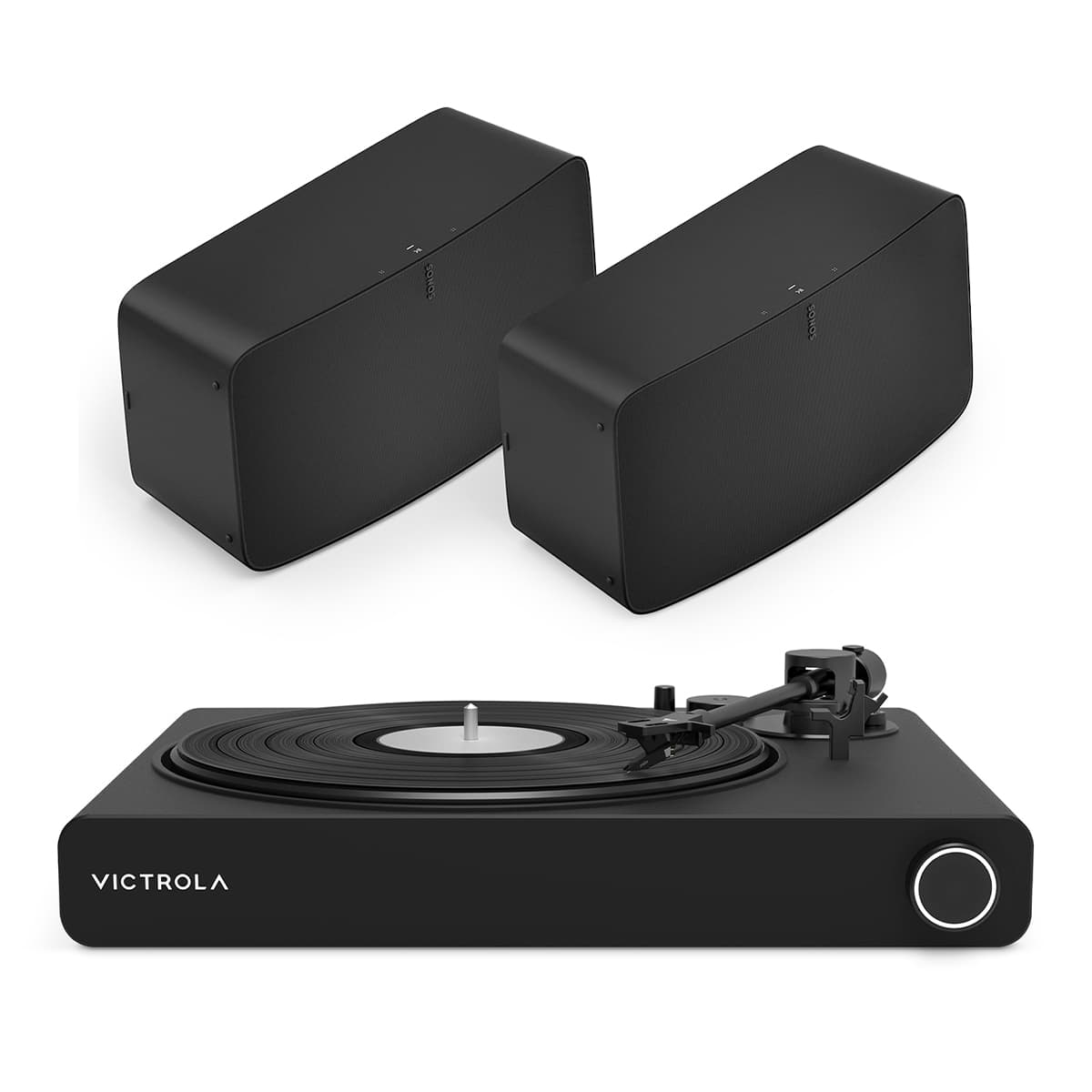 Stream Onyx Works with Sonos Wireless Turntable with 2-Speeds with Pair of Sonos Five Wireless Speakers for Streaming Music (Black)
