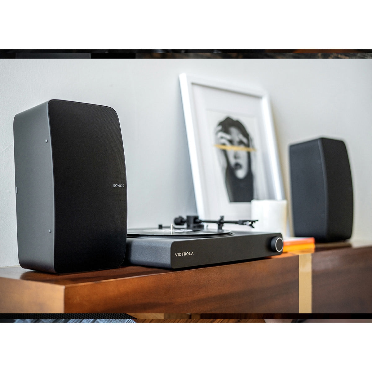 Stream Onyx Works with Sonos Wireless Turntable with 2-Speeds with Pair of Sonos Five Wireless Speakers for Streaming Music (Black)