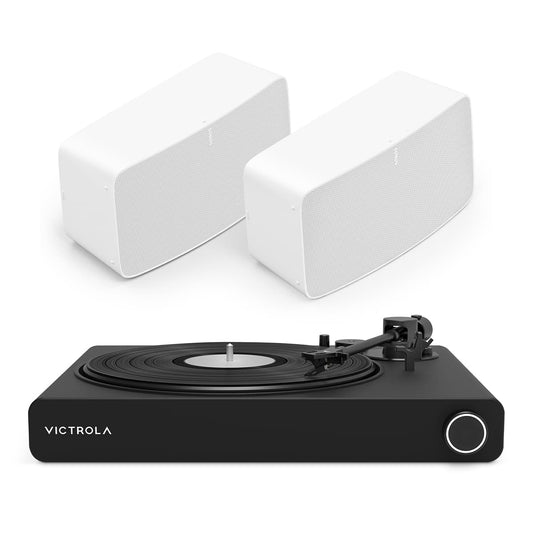 Stream Onyx Works with Sonos Wireless Turntable with Pair of Sonos Five Wireless Speakers for Streaming Music (White)