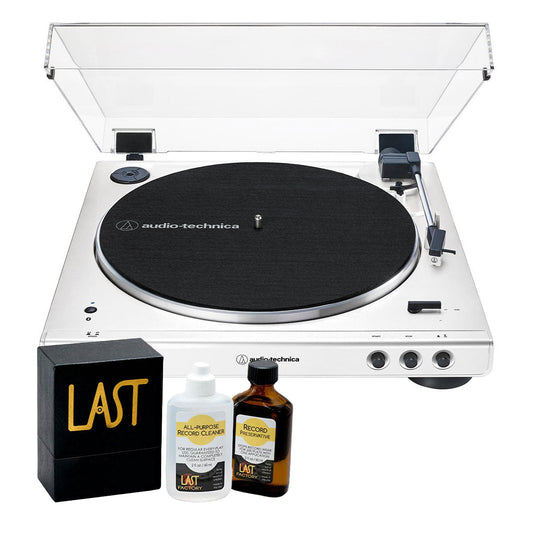 AudioTechnica AT-LP60XBT-WW Fully Automatic Bluetooth Belt-Drive Stereo Turntable (White) with Heritage Record Preservative & Cleaning Kit