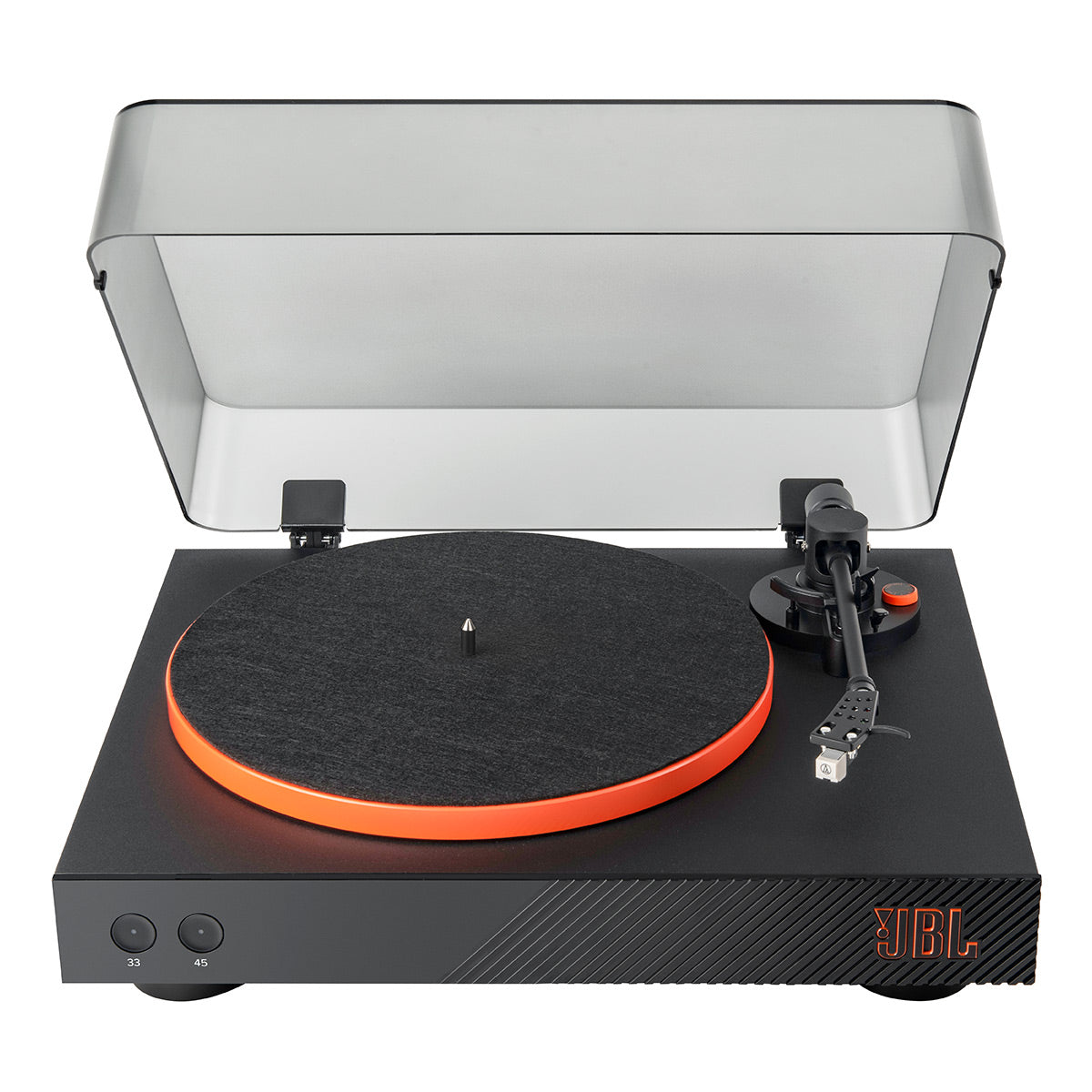 JBLSpinner BT Semi-Automatic Bluetooth Turntable (Black/Orange) with Charge 5 Portable Bluetooth Speaker (Black)
