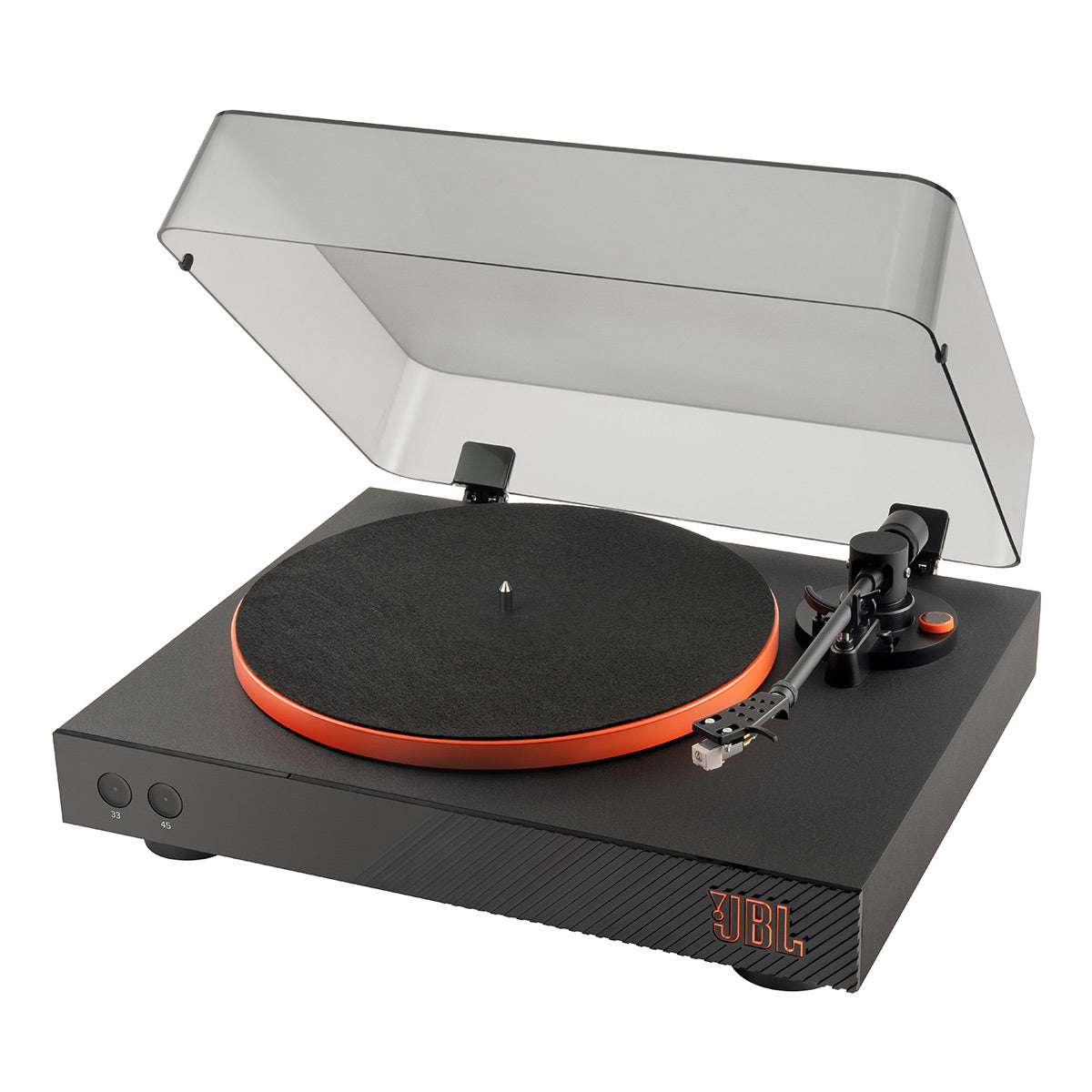 JBLSpinner BT Semi-Automatic Bluetooth Turntable (Black/Orange) with Charge 5 Portable Bluetooth Speaker (Black)