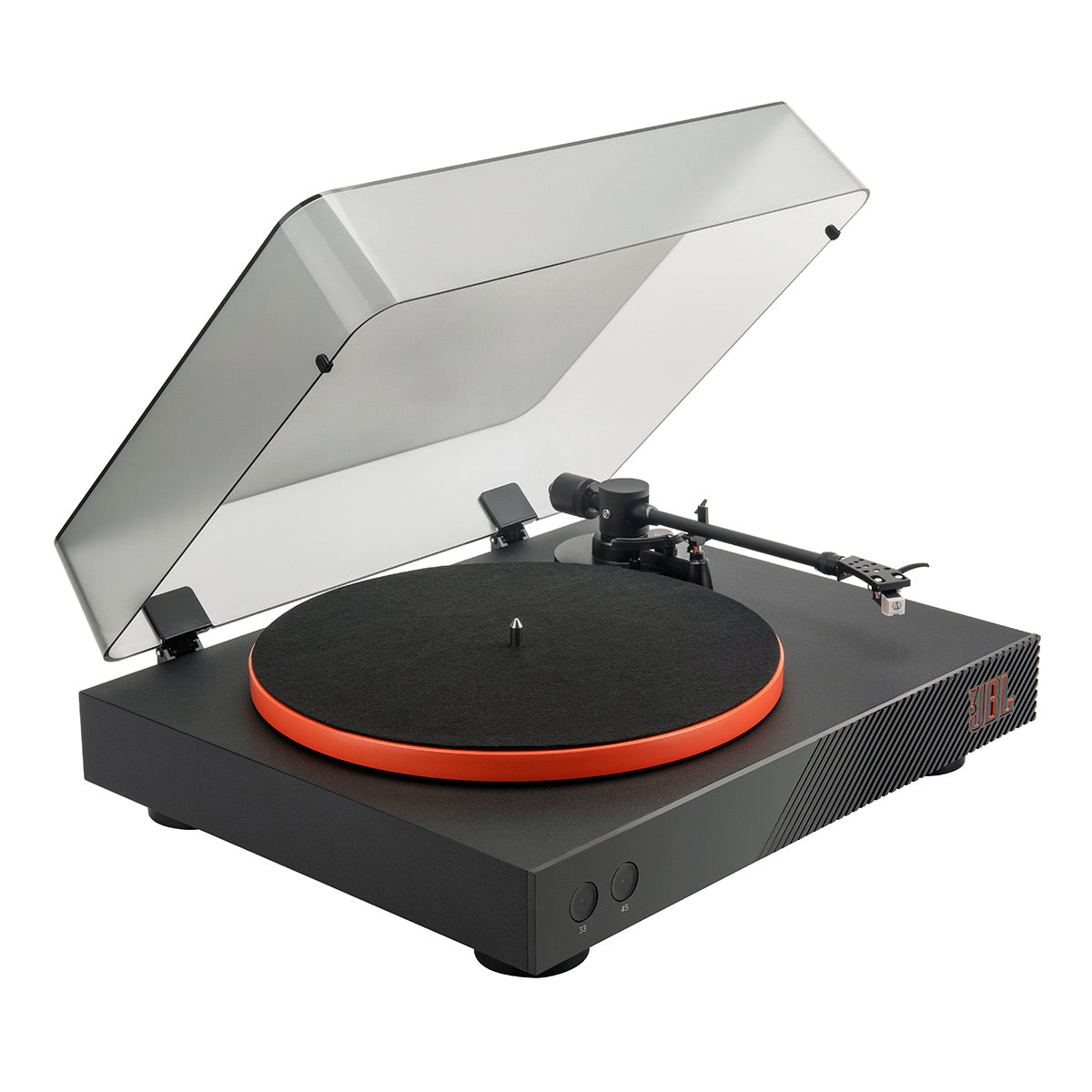 JBLSpinner BT Semi-Automatic Bluetooth Turntable (Black/Orange) with Charge 5 Portable Bluetooth Speaker (Black)