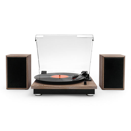 Montauk Bluetooth Turntable System with Bookshelf Speakers (Farmhouse Walnut)