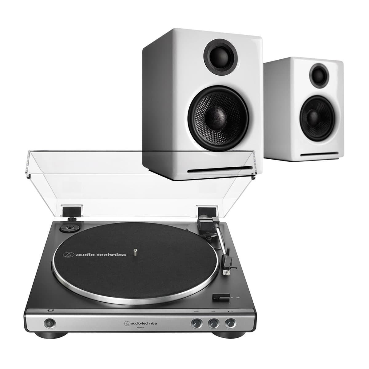 AudioTechnica AT-LP60X-GM Fully Automatic Belt-Drive Stereo Turntable (Gunmetal) with Audioengine A2+ Premium Powered Wireless Desktop Speakers - Pair (White)