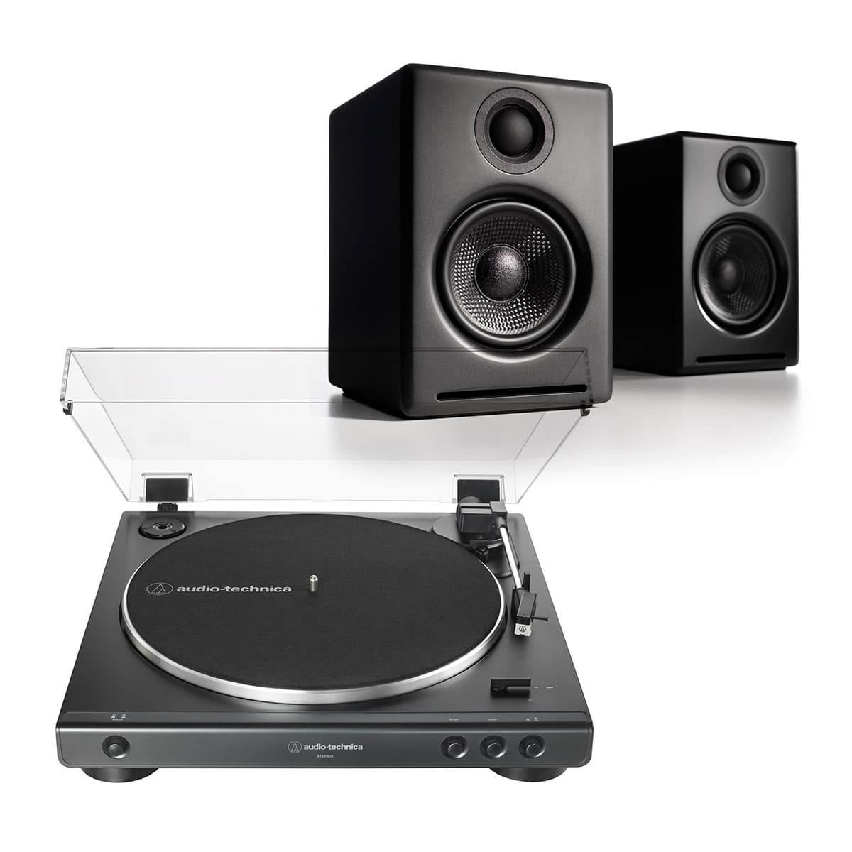 AudioTechnica AT-LP60X-BK Fully Automatic Belt-Drive Stereo Turntable (Black) with Audioengine A2+ Premium Powered Wireless Desktop Speakers - Pair (Black)