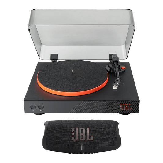 JBLSpinner BT Semi-Automatic Bluetooth Turntable (Black/Orange) with Charge 5 Portable Bluetooth Speaker (Black)